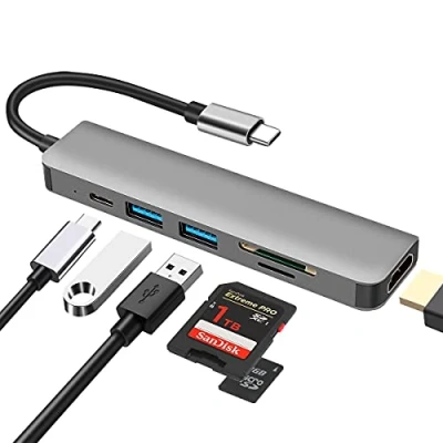 Bild av USB C hub, 6 i 1 DEMKICO typ multiportadapter med 4K HDMI, SD/TF kortläsare, 3.0 och 2.0 port, 100W PD kompatibel MacBook Pro/MacBook Air/Dell XPS mer