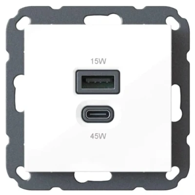 Bild av USB C 45 Watt + A 15 Charger/Charger 6560 x 0100 for Home Installation, Standard Switch Programmes (55 55 mm), Power Delivery, T65.01 Estate