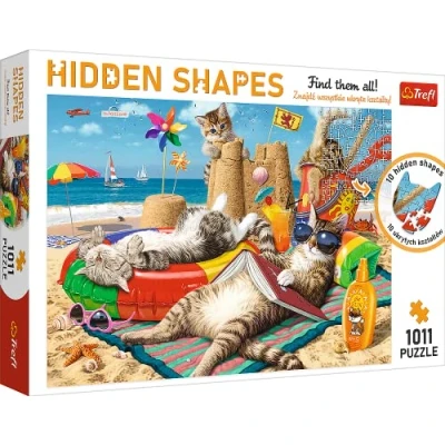 Bild av Trefl Pussel Hidden Shapes, Katternas semester, 1000 + 11 element, Hitta dolda former pussel, ovanligt sommar, strand, katter, kreativ underhållning, kul för vuxna och barn från 12 år