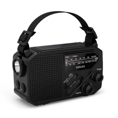 Bild av Philips TAR1609 Portabel FM/AM radio med inbyggt laddningsbart batteri, AAA batteri och vev drift, solceller, inbyggd LED lampa/ficklampa för camping, vandring strömavbrott