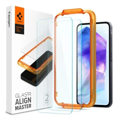 Bild av Spigen AlignMaster Skärmskydd kompatibel med Samsung Galaxy A55 5G, 2 Stycken, met sjabloon voor installatie, kristallklart, Responsiv Touch, Case friendly, 9H härdat Glas