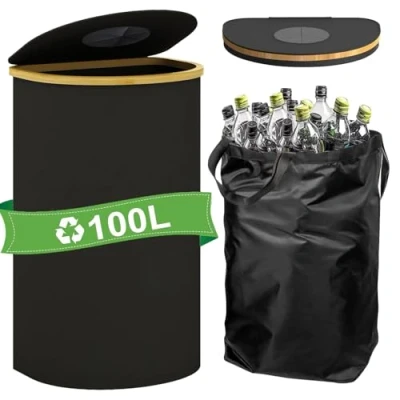 Bild av Pannflaskor, samlarbehållare 140 l, 2 fack flasksamlare med hål, lock och bärkassar, stora pantflaskor, förvaring för tommat gammalt glas (svart, D form, 100 l 30 pantflaskor)