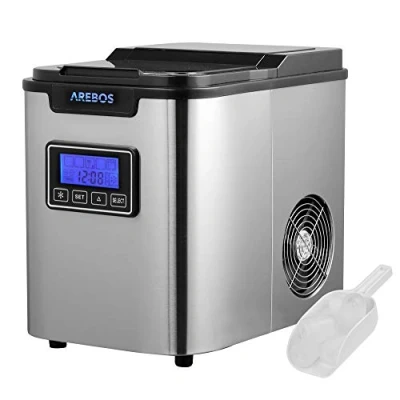 Bild av Iskubsmaskin rostfritt stål 12 kg 24h 813 minuters produktionstid 3 isbitsstorlekar 2,2 l LCD display självrengörande funktion Arebos isbitsbetesmaskin tyst ice tillverkare utan vattenanslutning