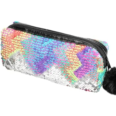 Bild av FOGARY Sjöjungfru paljetter pennfodral för flickor (vändbar färg), glitter kosmetisk makeup handväska kvinnor med pompom dragkedja, Silver rosa, glänsande