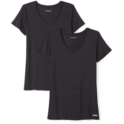Bild av Amazon Essentials dam Tech Stretch kortärmad v ringad t shirt (finns i plusstorlek), paket med 2, svart, X Large
