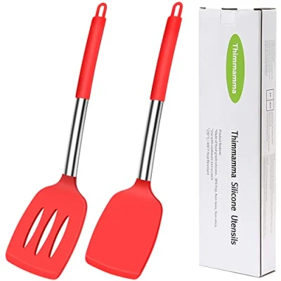 Bild av Silikon spatel svarvare, värmebeständig slitsad solid vändare för matlagning, 2 pack BPA fria stora svarta silikonspatel köksredskap bakning non stick köksredskap, diskmaskinssäker, röd