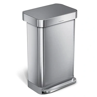 Bild av simplehuman 45 liter rektangulär handsfree soptunna för kök med mjuk stängningslock, borstat rostfritt stål plastlock