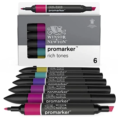 Bild av Winsor &amp; Newton 0290111 ProMarker, professionell layoutmärkpenna 2 spetsar, fin och bred för ritningar, design layouter 6 färger set rika toner