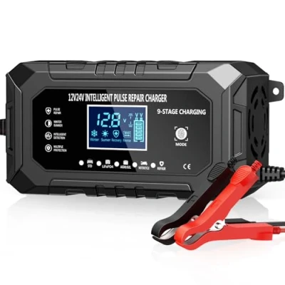 Bild av 10 Amp billaddare, 12 V 7 stegs laddning bil smart LCD skärm underhåll/pulsreparation batteriladdarpaket för bil, motorcykel, blysyra/litiumbatterier (15 A)