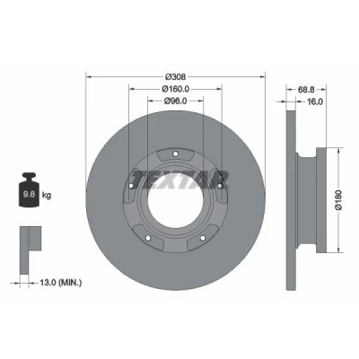 Bild av TEXTAR PRO 92273903 Disque de frein 308 16 05/05 160 plein revêtu avec bague ABS, sans boulon fix roue, moyeu roue