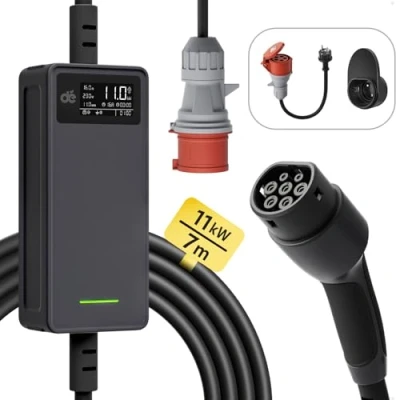 Bild av dé EV Laddare CEE Laddkabel Typ 2 11 kW [7m, 3 fas, 6 16A] Elbilsladdare och Mobil Laddningsstation/Wallbox för Model Y/3, ID.3/4/5, MG4, EX30, e up, tron, Zoe andra elbilar