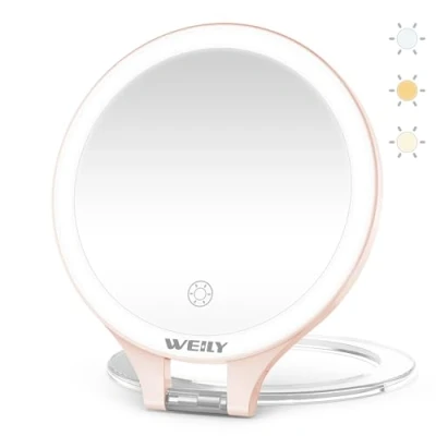 Bild av WEILY Sminkspegel med ljus, förstoringsspegel ljus 10 x 1 x, dubbelsidig resespegel 3 färger justerbara lampor, uppladdningsbar LED makeupspegel, present till flickor kvinnor
