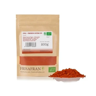 Bild av FRISAFRAN cayennepeppar Ekologiskt 200g malda Högt innehåll av vitaminer och mineraler årgång naturlig Ursprung Spanien Cayenne peppar utan tillsatser vitaminiskt