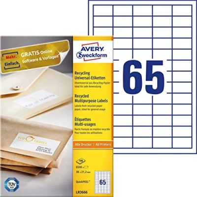 Bild av AVERY Zweckform LR3666 Återvinningsetiketter (6 500 självhäftande etiketter, 38 x 21,2 mm på A4, 100% återvunnet gammalt papper, individuellt tryckbart, klistermärken) 100 ark, naturvit