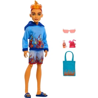 Bild av Monster High Scare adise Island Heath Burns docka med flamma huvtröja, badbyxor och strandtillbehör som solglasögon