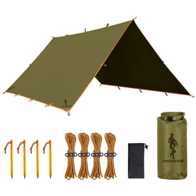 Bild av FREE SOLDIER camping presenning vattentät 3 m x 3,2 stor hängmatta tält bärbar anti UV skydd solskydd markis för vandring resor utomhussport Brun med naglar