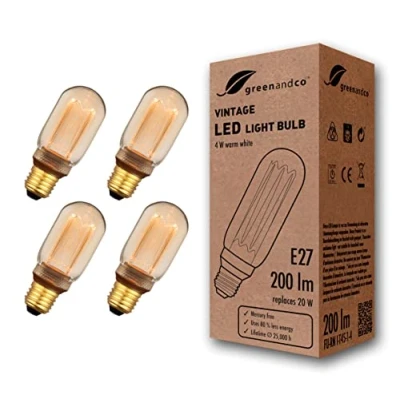 Bild av 4x greenandco® LED vintage retro glödtråd glödlampa bärnsten Edison stil E27 T45 4W 200lm 1800K (extra varm vit) 320 230V glaslampa, ingen flicker, ej dimbar