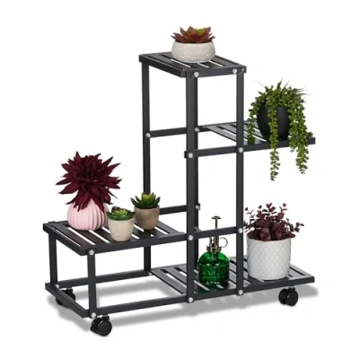 Bild av Relaxdays Blomställ med hjul, HxBxD: 60,5 x 61,5 26 cm, metall, 4 hyllor, växtstativ för inomhusbruk, svart