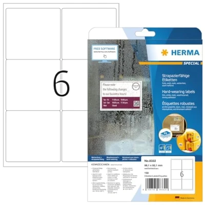 Bild av HERMA 8332 väderbeständiga folie fraktetiketter A4 (99,1 x 93,1 mm, 25 ark, polyesterfolie, matt) självhäftande, utskrivbara, extremt stark häftande adressetiketter, 150 klistermärken, vit