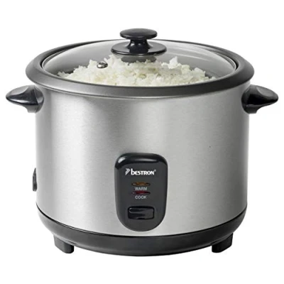 Bild av Bestron stor riskokare för 8 10 personer, inklusive ångkokarsats, mätkopp och risskad, med non stick beläggning indikatorlampa, diskmaskinssäker, 1,8 liter, 700 W, färg: silver
