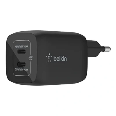 Bild av Belkin 65 W dubbel USB Type C väggladdare, snabbladdande Power Delivery 3.0 med GaN teknik, laddare för iPhone 15, 14, 13, 12, iPad Pro, MacBook, Galaxy S24, Pixel, Note, Sony, Tab och fler
