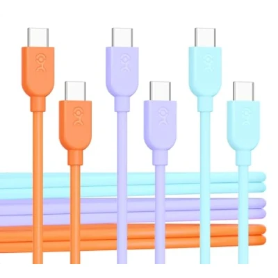 Bild av Cable Matters 3 pack extrem flexibel kort USB C laddningskabel 0,3 m i orange blå lila, stöder 60 W PD, Apple CarPlay, Android Auto, till kabel för iPhone 16/15 Pro Max, iPad, Galaxy S23