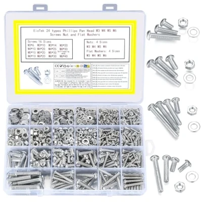 Bild av 1080 st. Skruvar och Muttrar brickor Set, M3 M4 M5 M6 Insexkant Flathead Kors Huvud Plåtskruv Blandat Kit för DIY fästanordningar