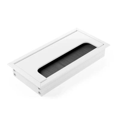 Bild av ATM® Skrivbords kabelgenomföring vit rostfritt stål med integrerad borste och klaff För ordning översikt på arbetsplatsen rektangulär vit, 80 x 160 mm