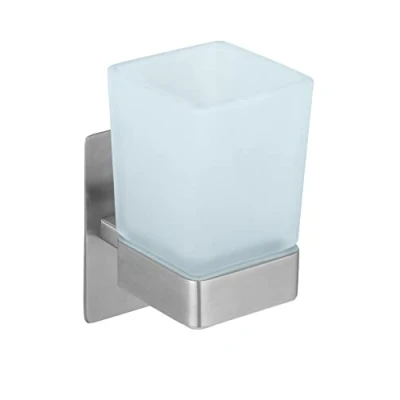 Bild av WENKO Turbo Loc tandborstkopp Genova matt, väggtandborstkopp, fastsättning utan borrning, rostfritt stål/glas, satin, 6,2 x 13,2 9 cm, matt silver