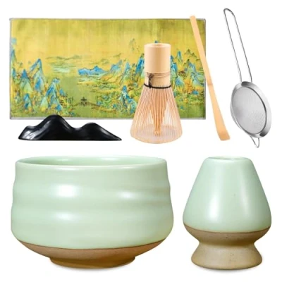 Bild av matcha Tee set, set med 7 stycken, tillgänglig skål, visp, kvasthållare, tesked, teskedhållare, matchasil, diskhandduk, presentförpackning för teceremoni, handgjord