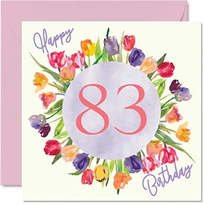 Bild av Vackra 83:e födelsedagskort för kvinnor akvarell tulpaner blommor bukett grattis på hennes mormor mamma födelsedagspresenter, 145 mm x härliga blommiga gratulationskort present