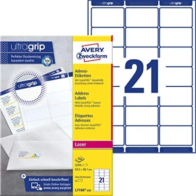 Bild av AVERY Zweckform L7160 250 adressetiketter/adressdekal (5 etiketter med ultragrip, 63,5 x 38,1 mm på A4, tryckbar, självhäftande, för DIN B6/C6 brevpapper, matt papper) ark, vit