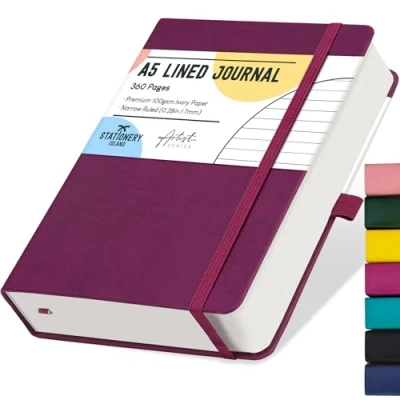 Bild av STATIONERY ISLAND A5 linjerad anteckningsbok, 360 sidor tjock journal gran inbunden med 100 gsm för att skriva, arbeta, studera, dagbok