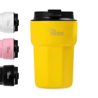 Bild av Otto Koning resemugg 350ML, isolerad kaffekopp med läckagesäkert lock, återanvändbara kaffekoppar för resor, kaffemugg i rostfritt stål varmt och kallt kaffe, vatten te (Gul)