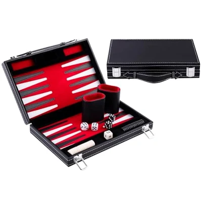 Bild av Engelhart 250513 Resebackgammon 11&quot; resespel, inlagt sammet sydd konstläder spelplan i attachéfodral (Röd/Svart/Vit)