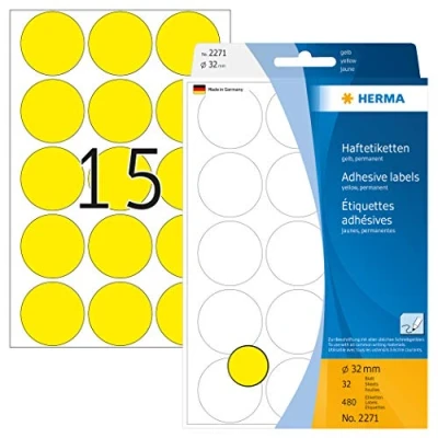 Bild av HERMA 2271 multifunktionsetiketter/runda färgade prickar (Ø 32 mm, ark, papper, matt) självhäftande, permanenta märkningspunkter för handskriven märkning, 480 klistermärken, gul