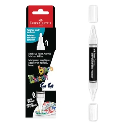 Bild av FABER CASTELL 285511 Akrylmarkör Shake&amp;Paint Black Edition, vit akrylpenna, markör med 2 runda spetsar (3 mm och 1 mm)