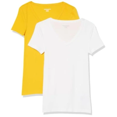 Bild av Amazon Essentials Women&#039;s Kortärmad V ringad T shirt smal passform, Pack of 2, Gyllengul/Vit, XXL