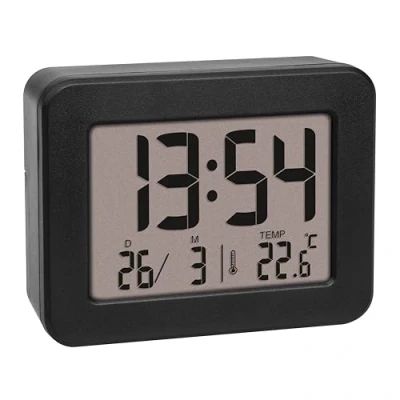 Bild av TFA Dostmann Digital Mini Väckarklocka, 60.2044.01, batteridriven, med högt larm, temperatur inuti, datum, kvartsur, reseväckarklocka, svart