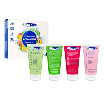 Bild av TRISWIM Premium Reseset Efter Simning, Borttagning av Klor, Schampo mot Duschgel, Återfuktande Hårbalsam, Regenererande Kroppslotion för Simmare 4x90ml