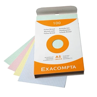 Bild av Exacompta Ref 13378E Förpackning med 100 operforerade 5x5 kvadratiska indexkort format 148 x 210 mm kompatibel bläckstråleskrivare, laser och kopiatorer olika färger