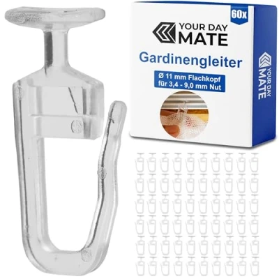 Bild av Your Day Mate Gardiner för inomhusskenor, 60 stycken, med 11 mm platt huvud, i klart, veckade glider gardinskena, gardin, glidfritt veckband krokar, gardin rullar skensystem