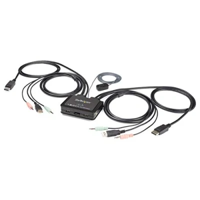 Bild av StarTech.com DisplayPort KVM omkopplare med 2 portar 4K 60 Hz kompakt UHD DP 1.2 USB stationär 1,2 m kablar och ljud Bussdriven fjärrväxling MacBook ThinkPad (SV211DPUA4K)
