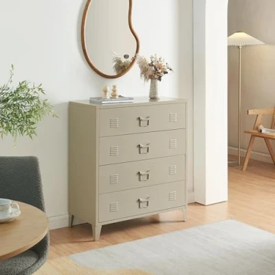 Bild av [en.casa] Byrå hemlinna metallskåp med 4 lådor multifunktionellt skåp stål vardagsrum kontor industriellt arkivskåp 80 x 40 92 cm kamelfärger