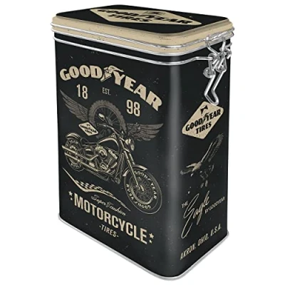 Bild av Nostalgic Art Kaffeburk i retrostil, Goodyear Motorcycle Presentidé för mc åkare, Plåtask med aromlock, Deko vintagedesign, 1,3 l