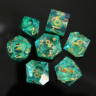 Bild av D&amp;D tärningsset kvicksandharts skarp kant tärning 7 st handgjorda DND tärningar för polyhedrala fängelsehålor och drakar MTG RPG Ttrpg banfinnare rollspel D D20 D12 D10 D8 D6 D4 med