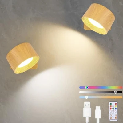 Bild av Diealles Shine LED vägglampa inomhus 2 stycken, USB C utan strömanslutning, dimbara lampor borrning, 360 roterbar, beröringskontroll och fjärrkontroll, 19 RGB färger (träkornfärg)