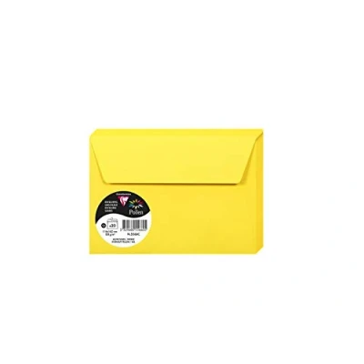 Bild av Clairefontaine 5566C förpackning med 20 självhäftande kuvert C6 format 11,4 x 16,2 cm 120 g/m² solgula färger inbjudan händelser och matchning pollensortiment premium slätt papper