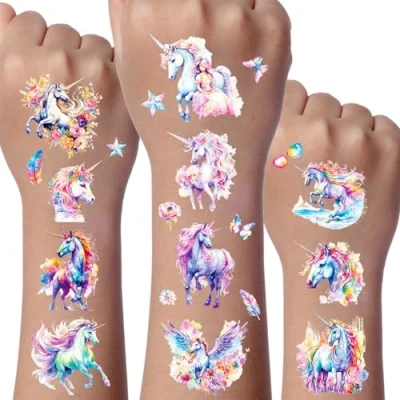 Bild av Tillfällig tatuering,12 ark tatuering barn set glittertatueringar av enhörning,tvättbara tillfälliga tatueringar för flickor och pojkar i festival fest gåva