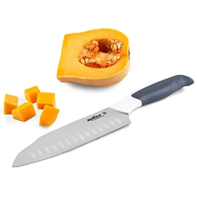 Bild av Zyliss Comfort Santoku kniv, 18 cm/7 tum, japanskt rostfritt stål, mjukt grepphandtag, skydd för säkerhet svart/vit, professionell kökskniv/grönsakskniv/skärkniv, diskmaskinssäker